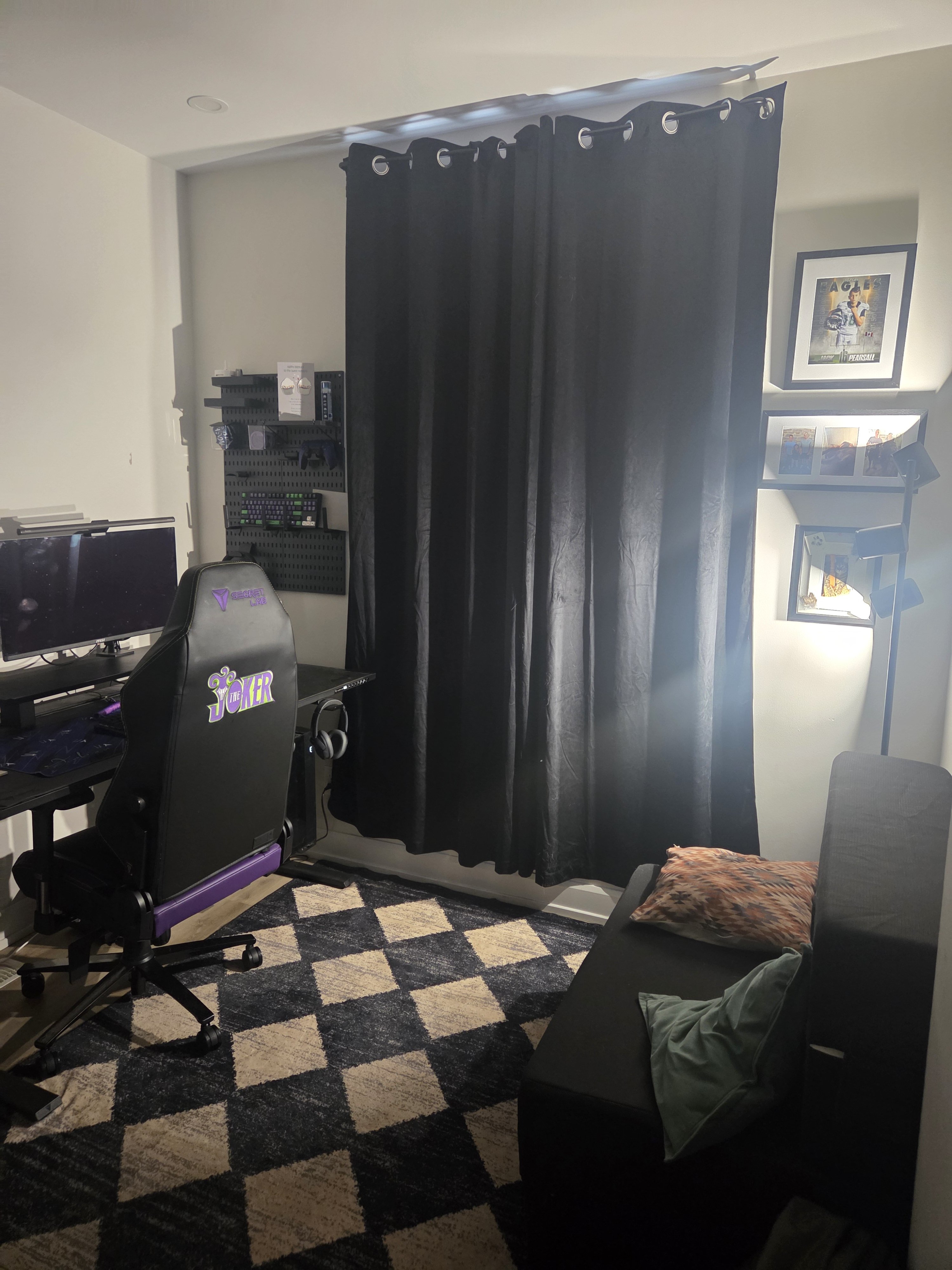 Corner of my room — desk, chair, new blackout curtains.