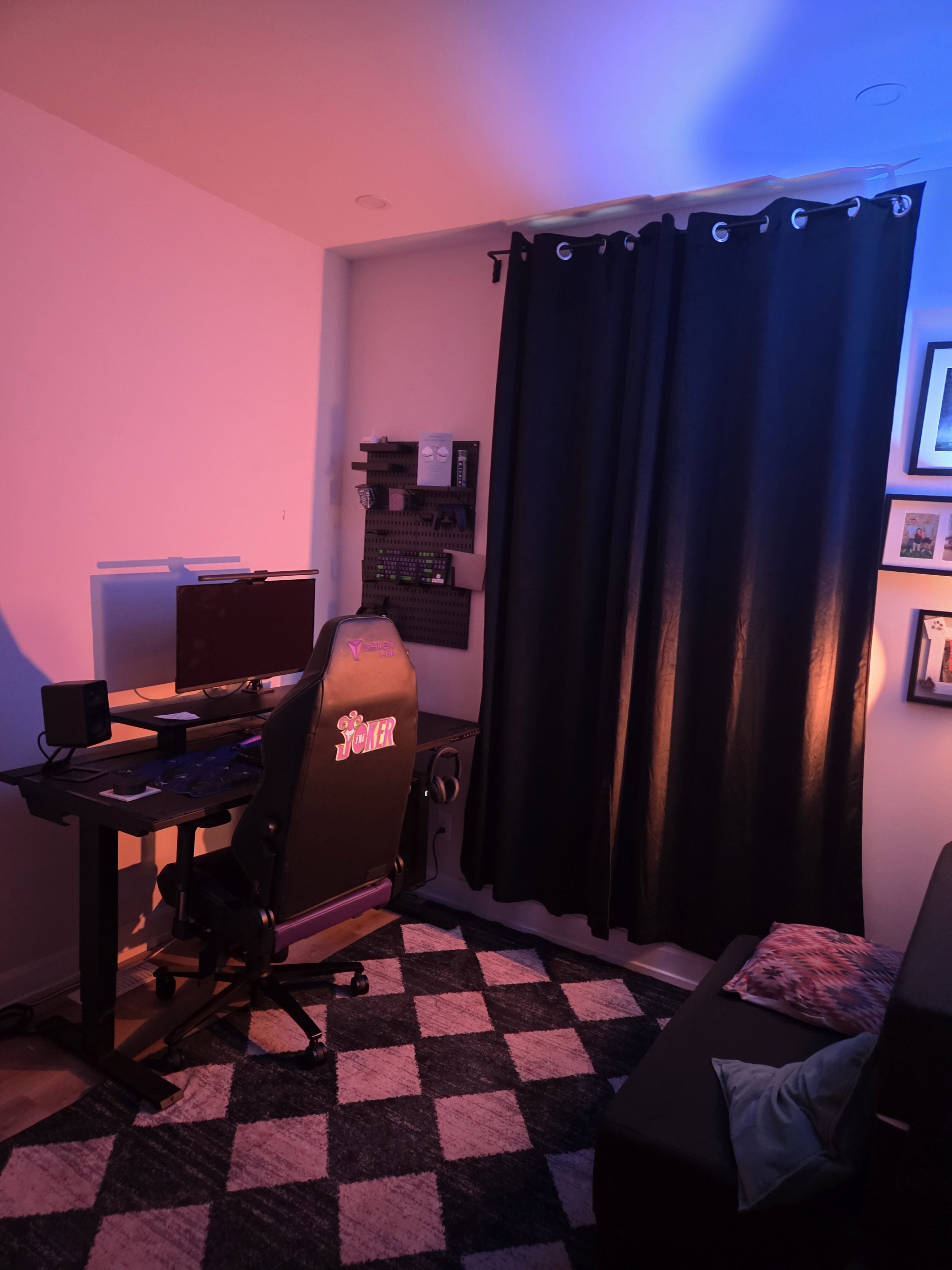 My room lit by the new Govee floor lamp — warm pink on one wall fading to cool blue by the curtains.
